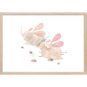 Affiche enfant elephants libellule  Affiche + cadre en bois - Chêne