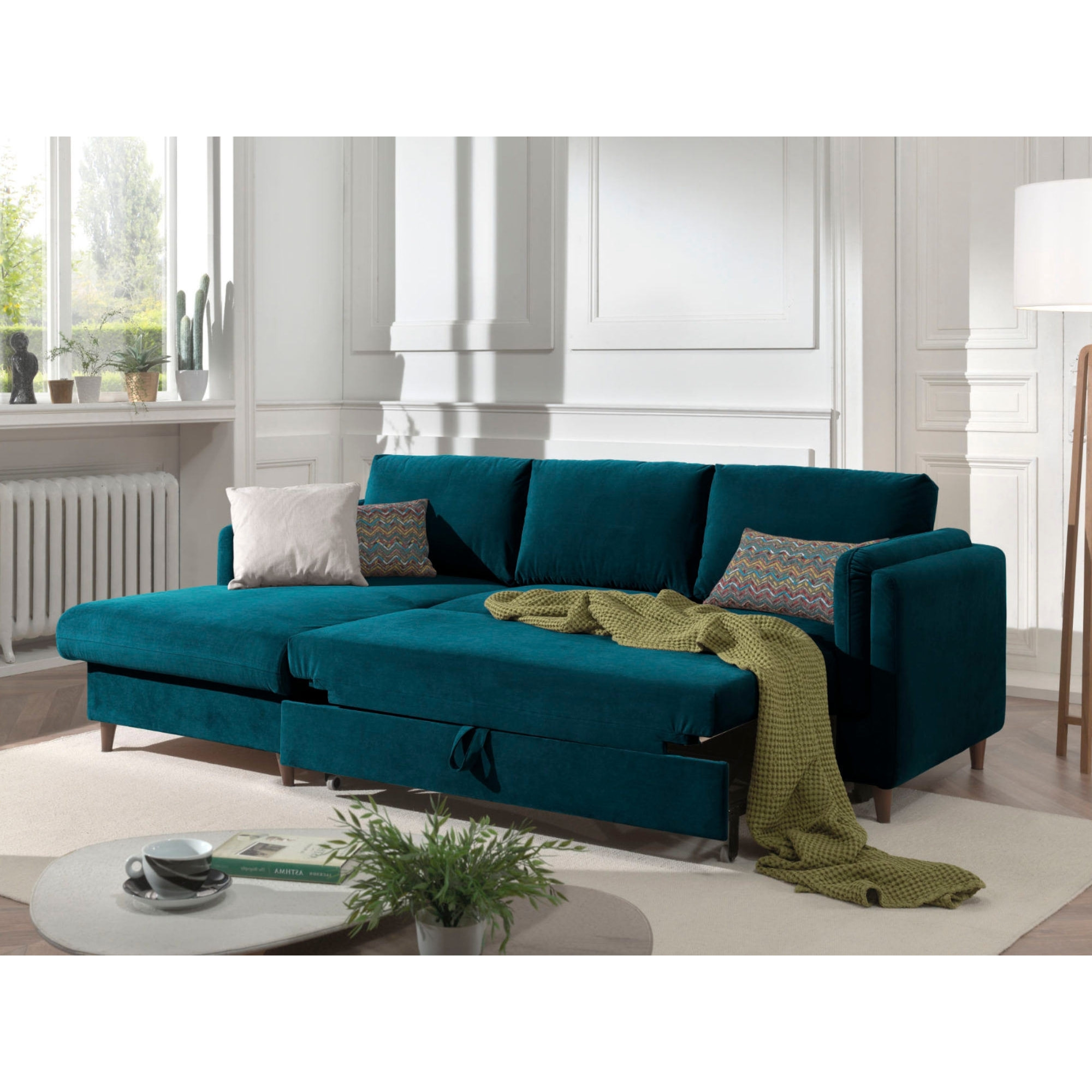 Brooke - canapé d'angle gauche - convertible avec coffre - 4 places - en velours - Bleu canard