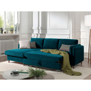 Brooke - canapé d'angle gauche - convertible avec coffre - 4 places - en velours - Bleu canard