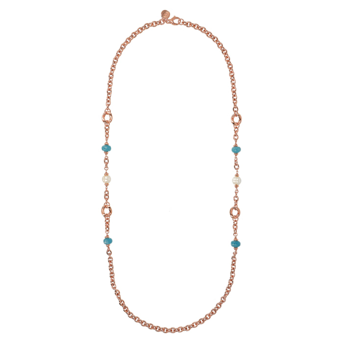 Collana Lunga Catena Rolo con Pietre Naturali Quarziti Blu e Perle d'Acqua Dolce Bianche Ø 10/11 mm