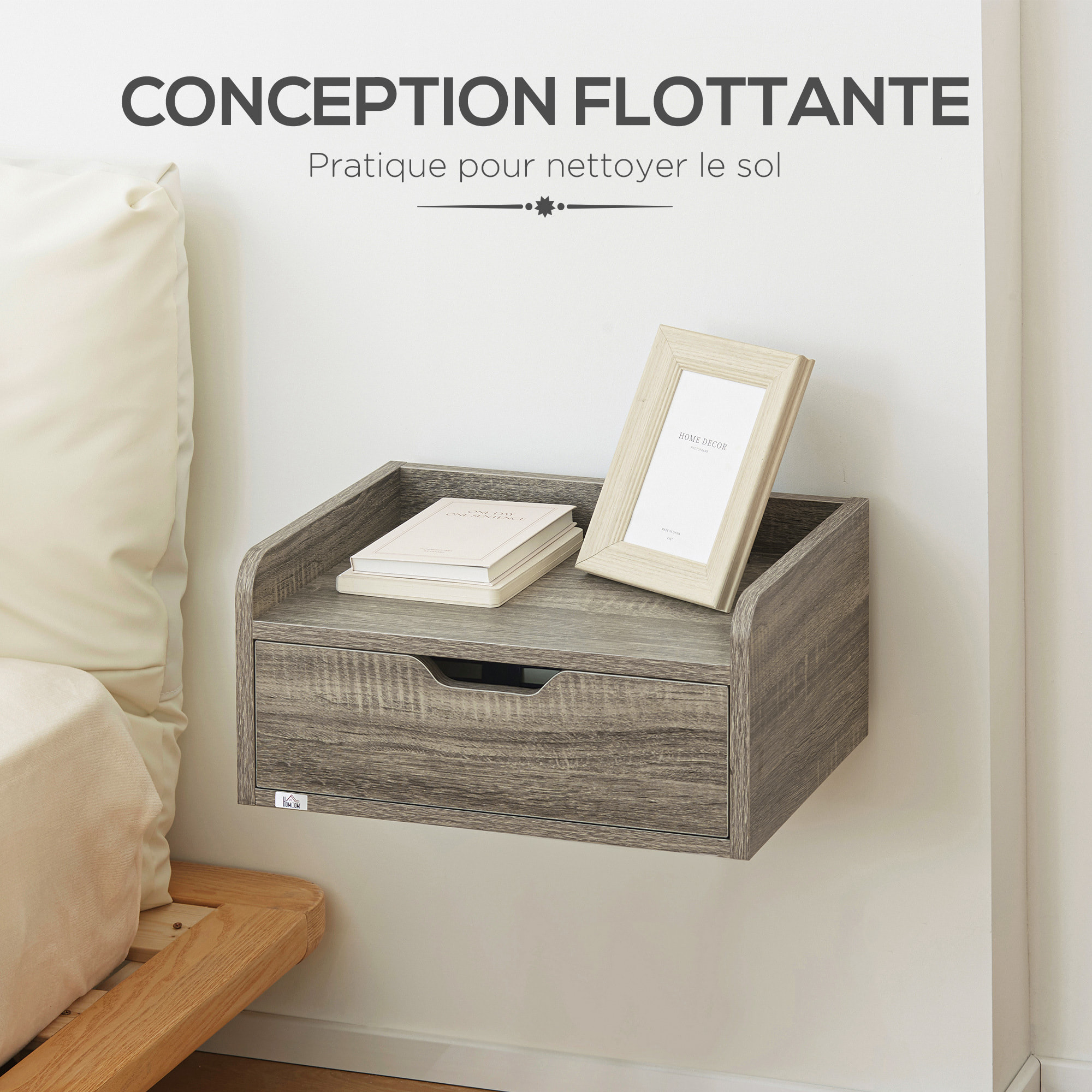 Lot de 2 chevets tables de nuit murales - tiroir coulissant, plateau - dim. 40L x 30l x 19H cm - panneaux aspect bois gris