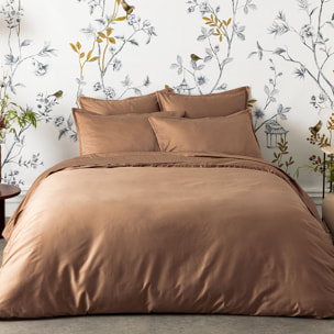 Parure de lit unie en satin de coton bio, taies rectangles, TEOPHILE, Marron Moyen