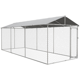 Perrera Jaula de Exterior para Perros Parque para Perros con 1 Puerta Marco de Acero Toldo Impermeable y Anti-UV 600x230x230 cm Plata