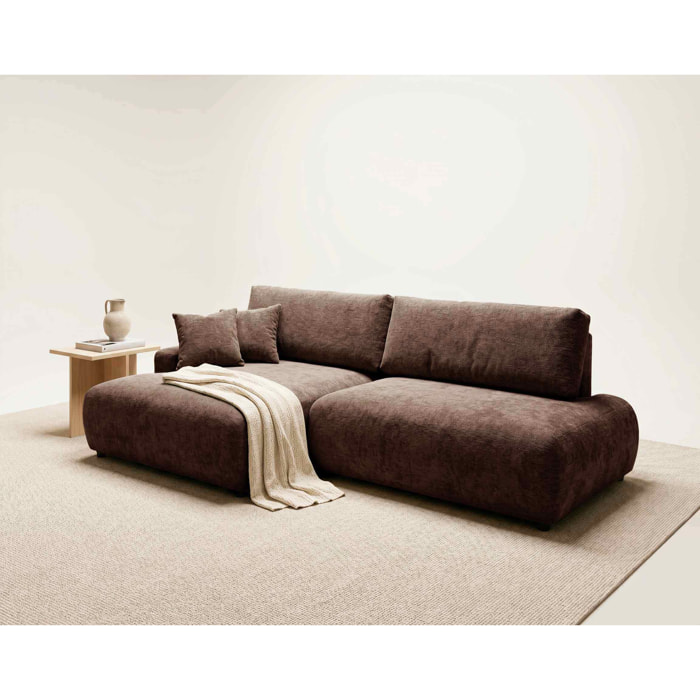 Pivoine - Canapé d'angle ouvert gauche 4 places convertible avec coffre en tissu texturé - Marron
