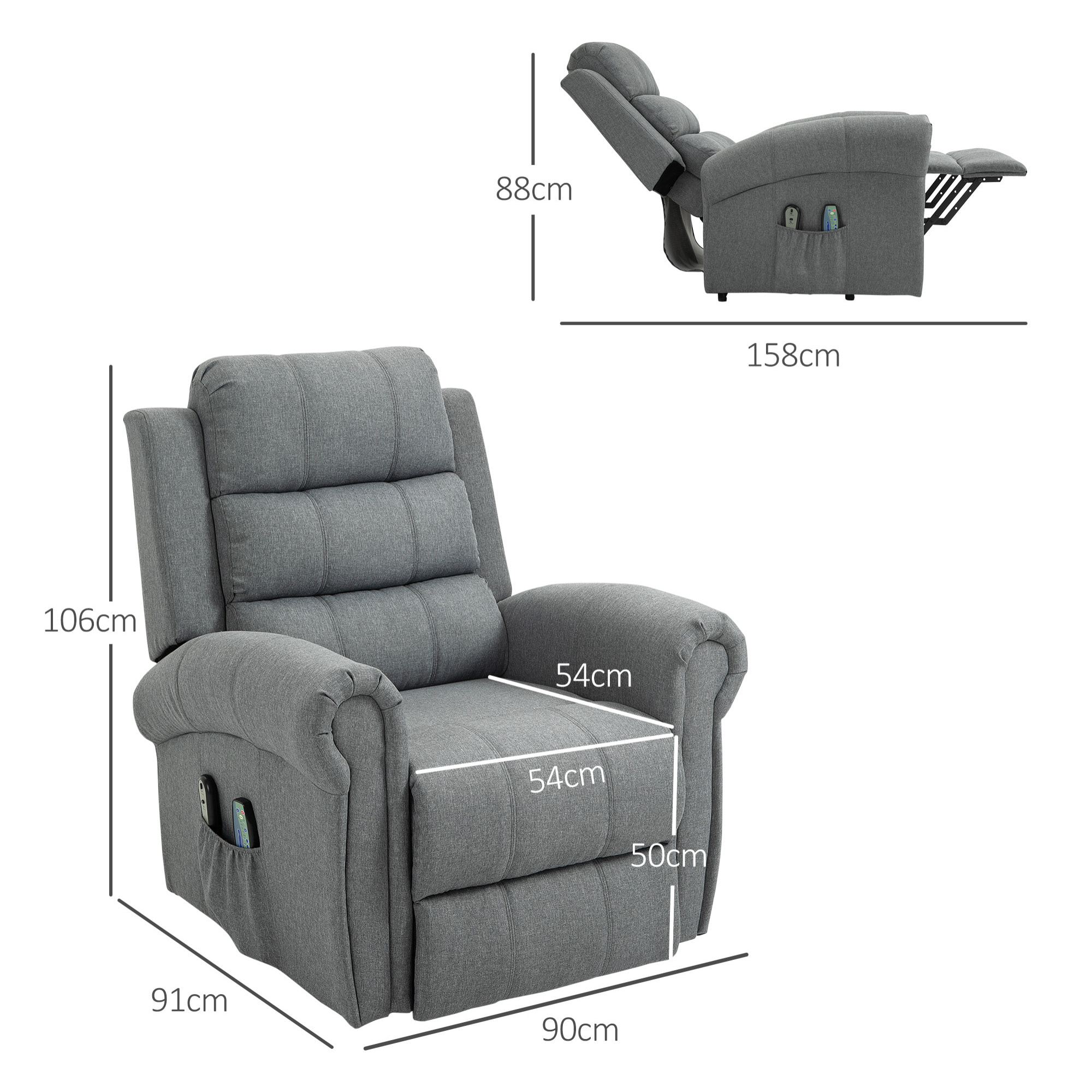 Sillón Relax Reclinable Eléctrico Levanta Personas, con Masaje Vibratorio y Calor, Sillón Elevador, con Control Remoto, Reposapiés, Tapizado en Lino, Bolsillos Laterales, Gris