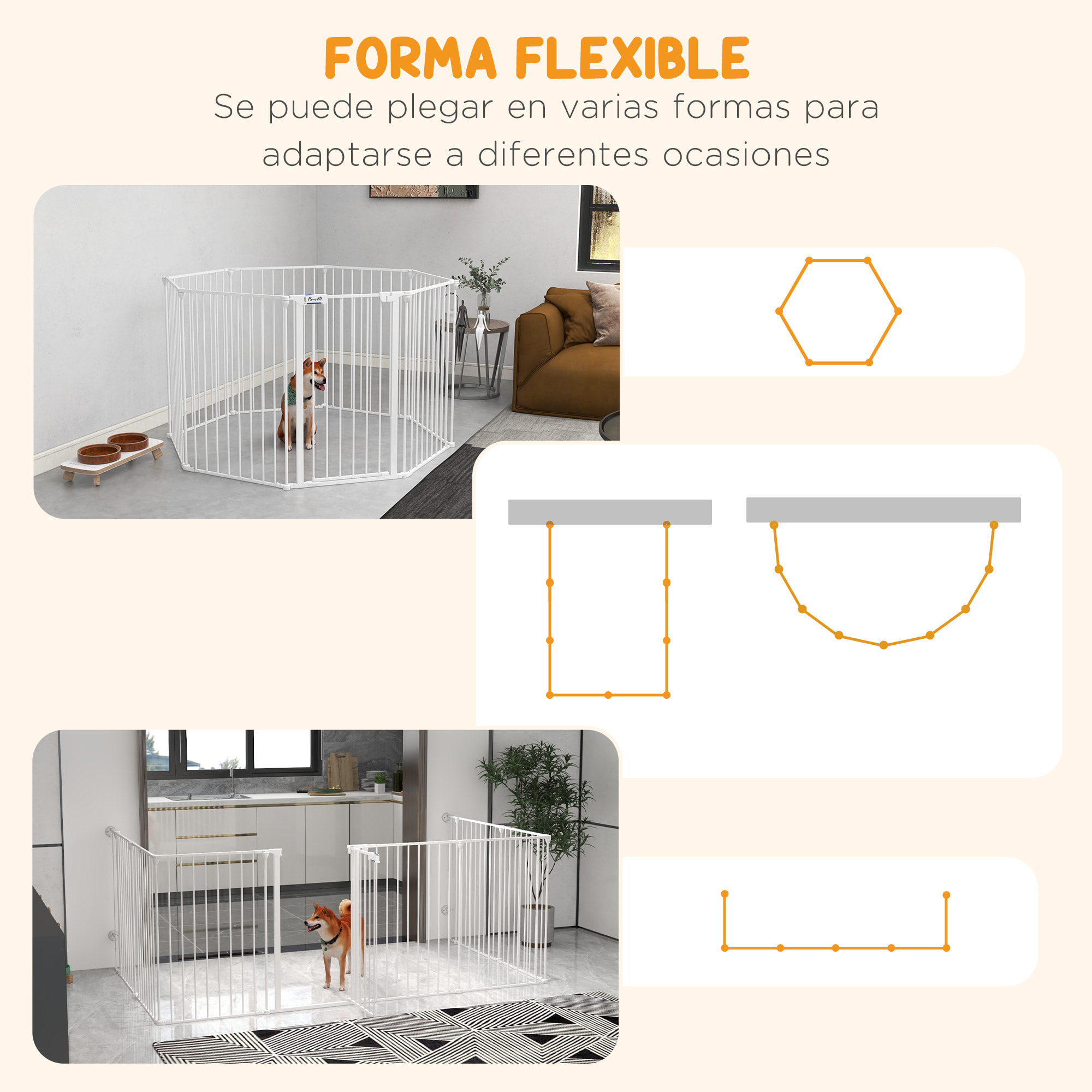 Parque para Perros de 8 Paneles 64x90 cm Corralito para Mascotas Plegable de Acero con Doble Cerradura Función de Bloqueo Auxiliar y Forma de Bricolaje para Pasillos Escaleras Blanco