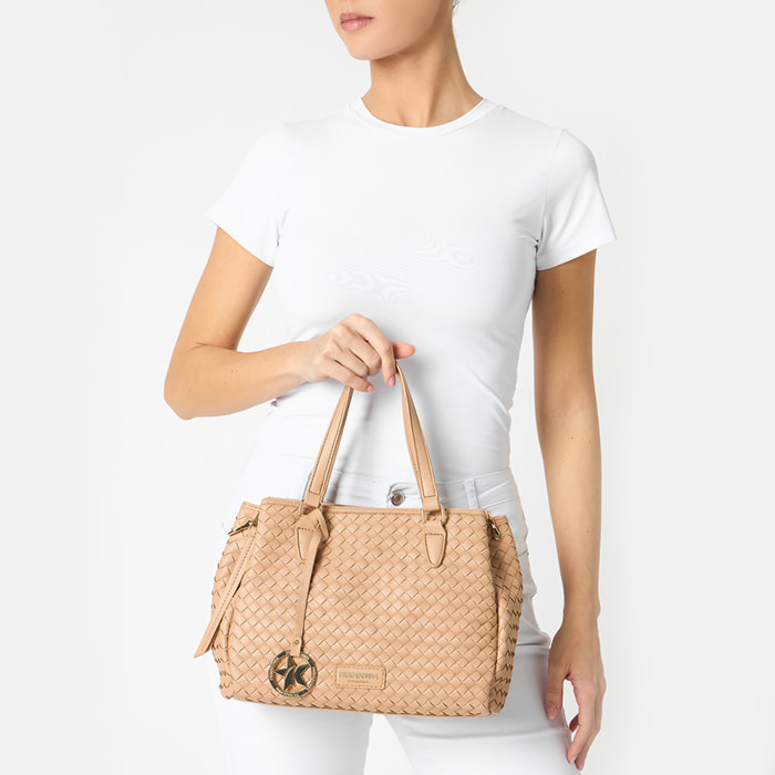 Borsa a mano donna beige intrecciata