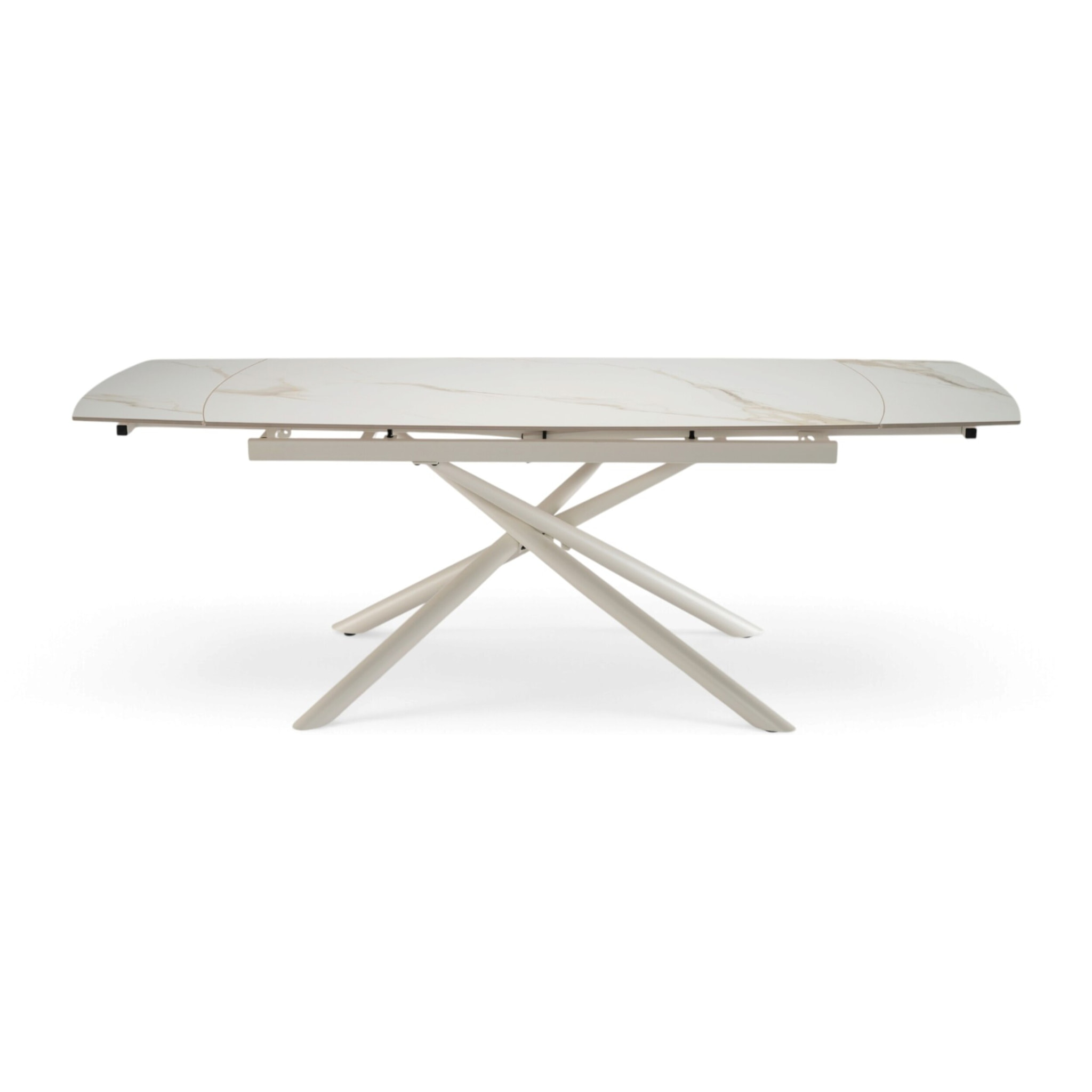 Tavolo allungabile BONIFACIO in ceramica, finitura calacatta oro lucida e gambe in metallo verniciato bianco - 160-220×80x76 cm