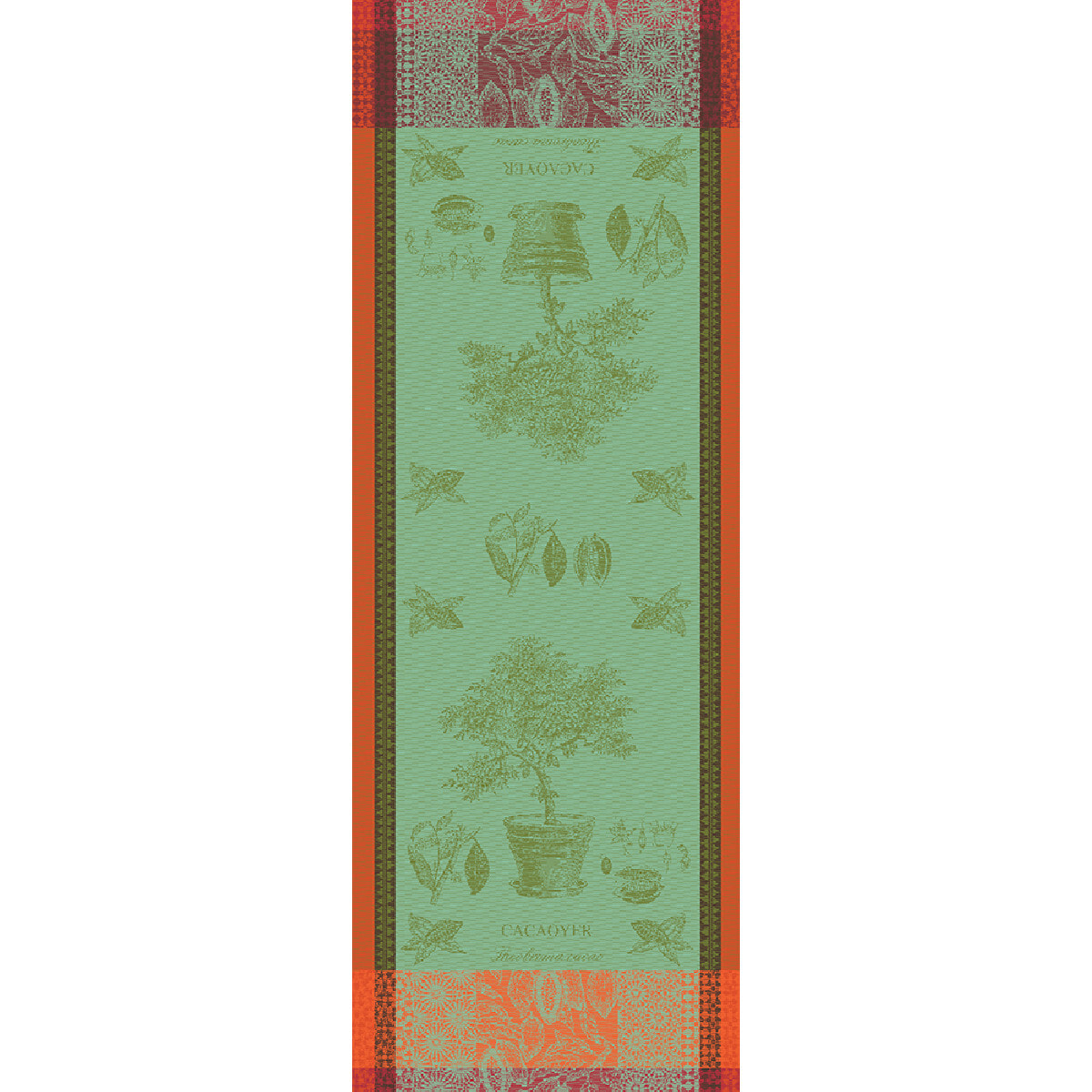 Chemin de table pur coton motif jacquard vert Cacaoyer en pot vert