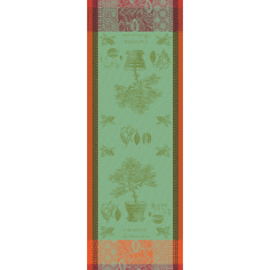 Chemin de table pur coton motif jacquard vert Cacaoyer en pot vert