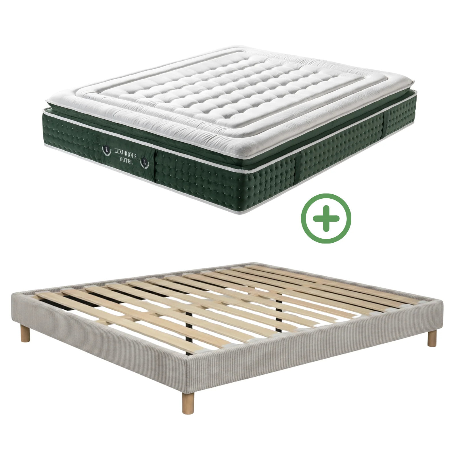 Ensemble matelas Jade & sommier Cancun | Mémoire de forme et ressorts ensachés | Cadre à lattes | Velours côtelé | Gris clair