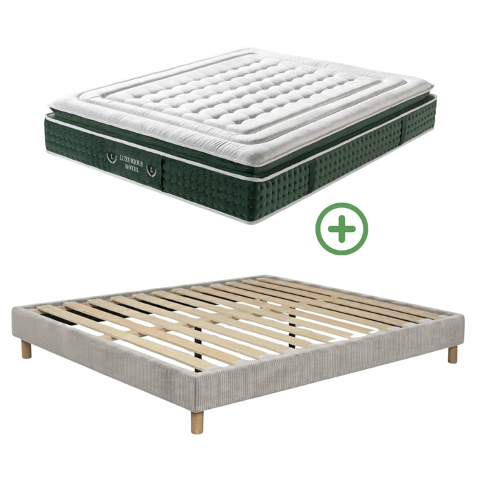 Ensemble matelas Jade & sommier Cancun | Mémoire de forme et ressorts ensachés | Cadre à lattes | Velours côtelé | Gris clair