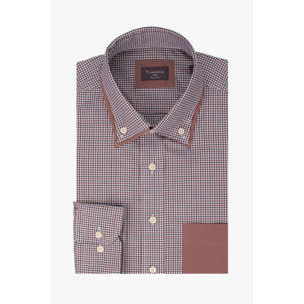 Camicia Uomo 1 Bottone Button Down Popeline Stretch Marrone/Bianco