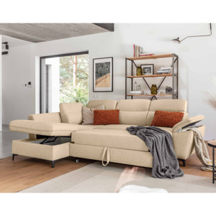 Clever - canapé d'angle gauche - 5 places - convertible avec coffre et têtières - en tissu - Beige