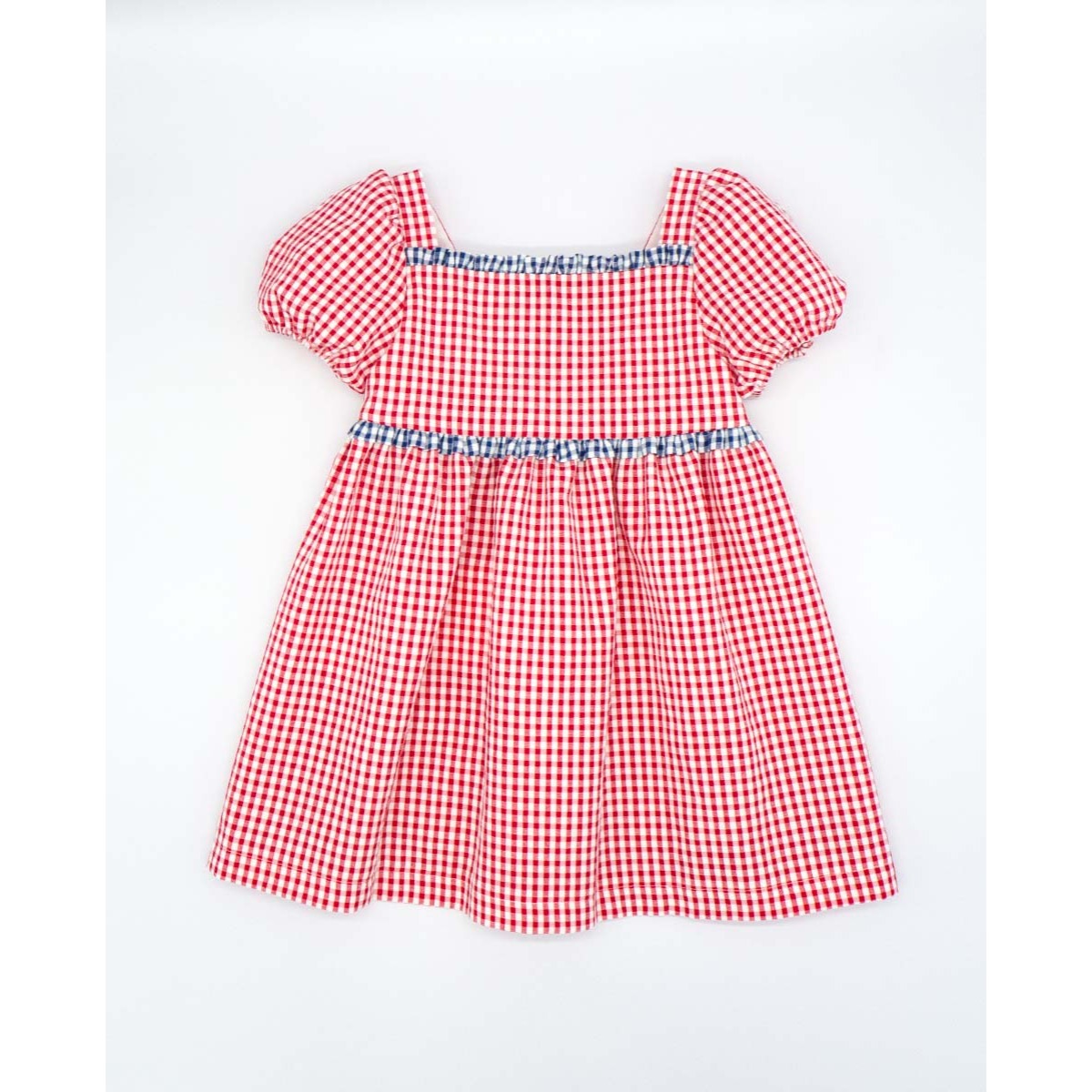 VESTIDO VICHY ROJO MANGA ABULLONADA Y VOLANTE VICHY AZUL