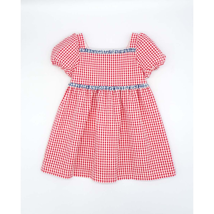 VESTIDO VICHY ROJO MANGA ABULLONADA Y VOLANTE VICHY AZUL