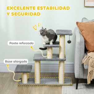 Escalera para Mascotas Ajustable de 3/4 Peldaños, Escalera para Gatos con Postes Rascadores, Bola Colgante, para Cama, Sofá, Alféizares, Gris