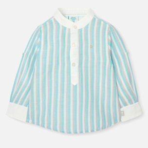 Camisa listada niño, lino, estampado rayas, piedra, cuello