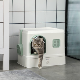 Maison de toilette chat design maisonnette - pelle, 2 désodorisants, plateau coulissant intégrés - blanc vert