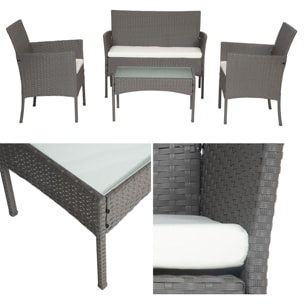 Salon de jardin CORDOUE en résine tressée gris 4 places - coussins ivoire