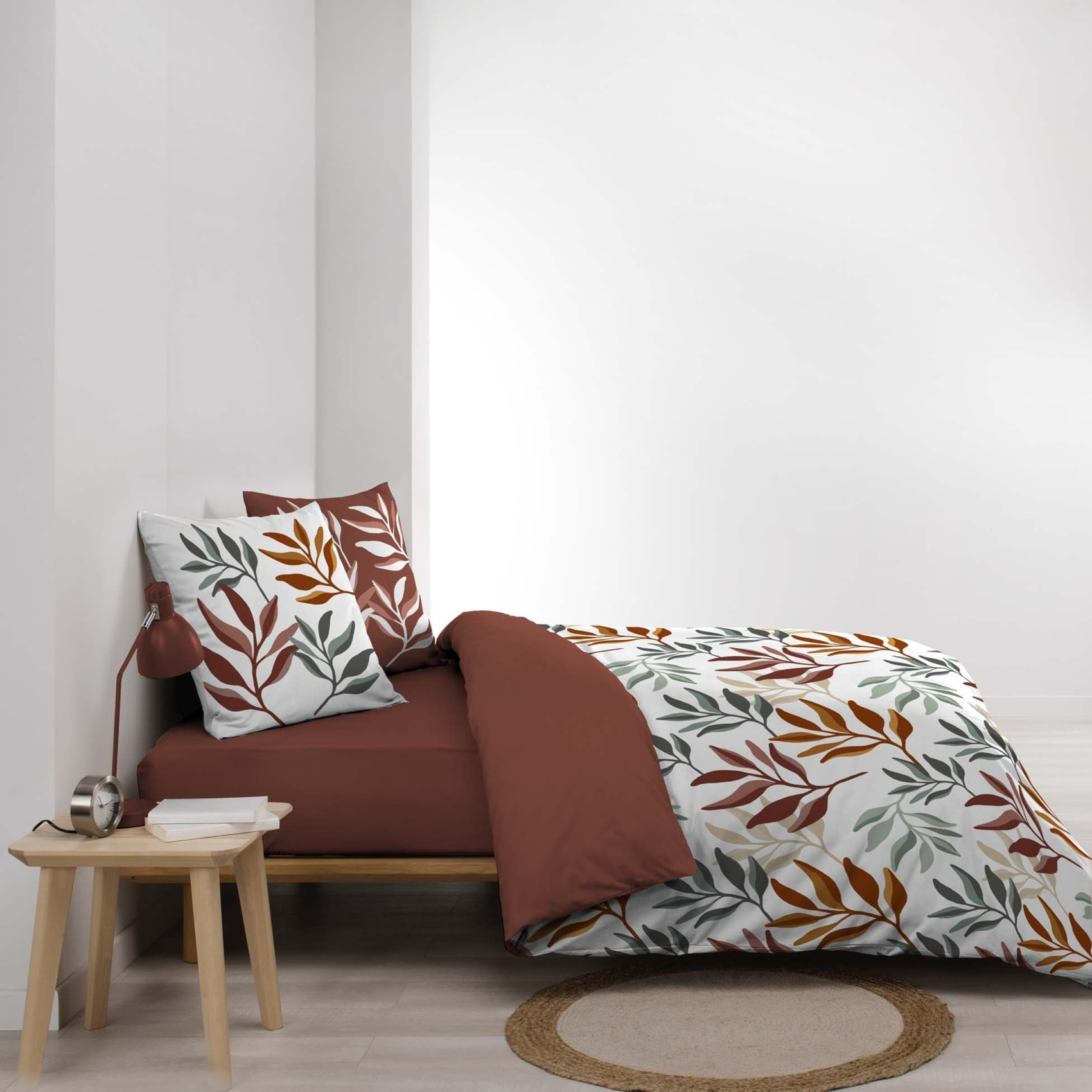 Parure de lit 3 pièces 100 % coton imprimé à motif végétal housse + taies - Rouge