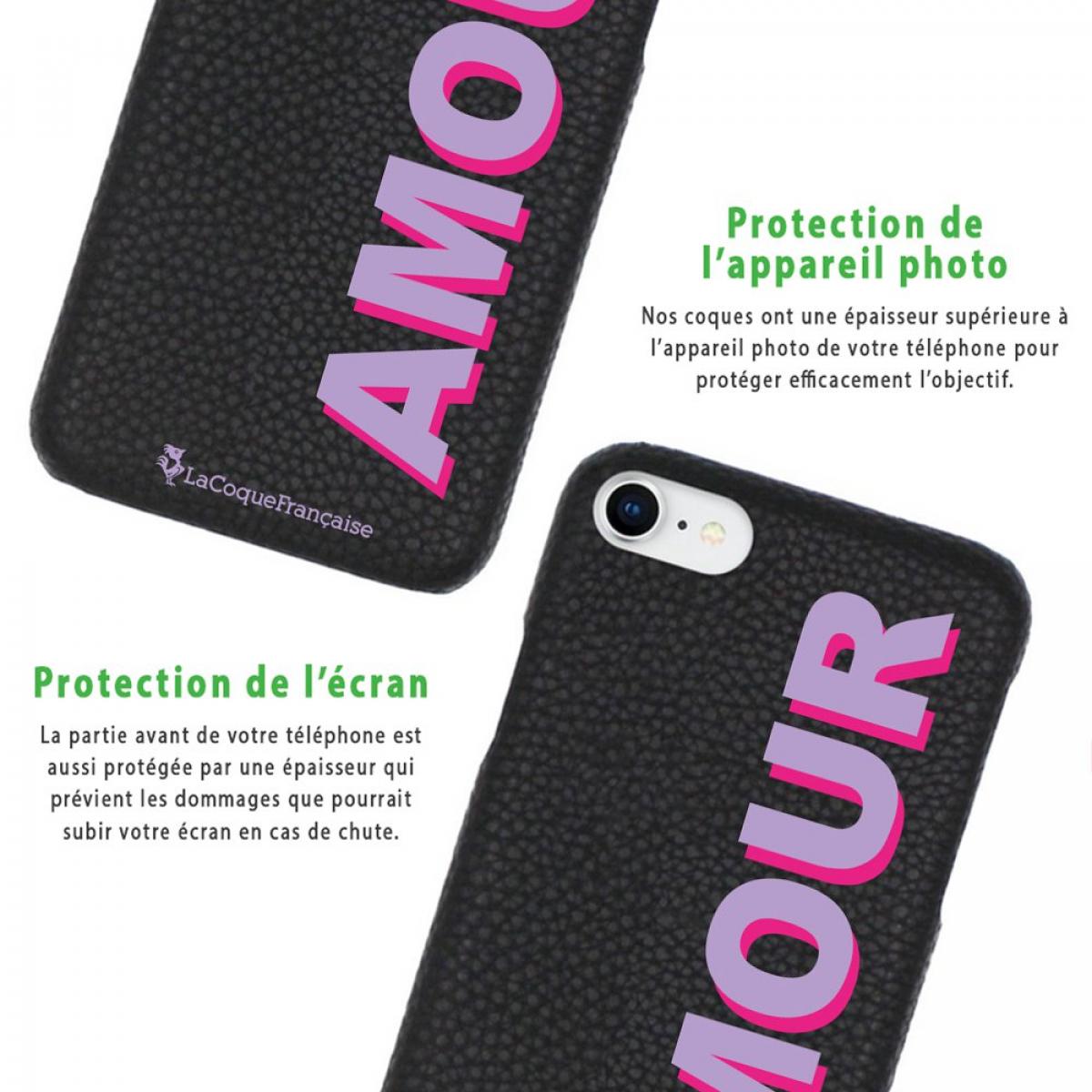 Coque iPhone 6/6S effet cuir grainé noir Amour parme et fushia Design La Coque Francaise