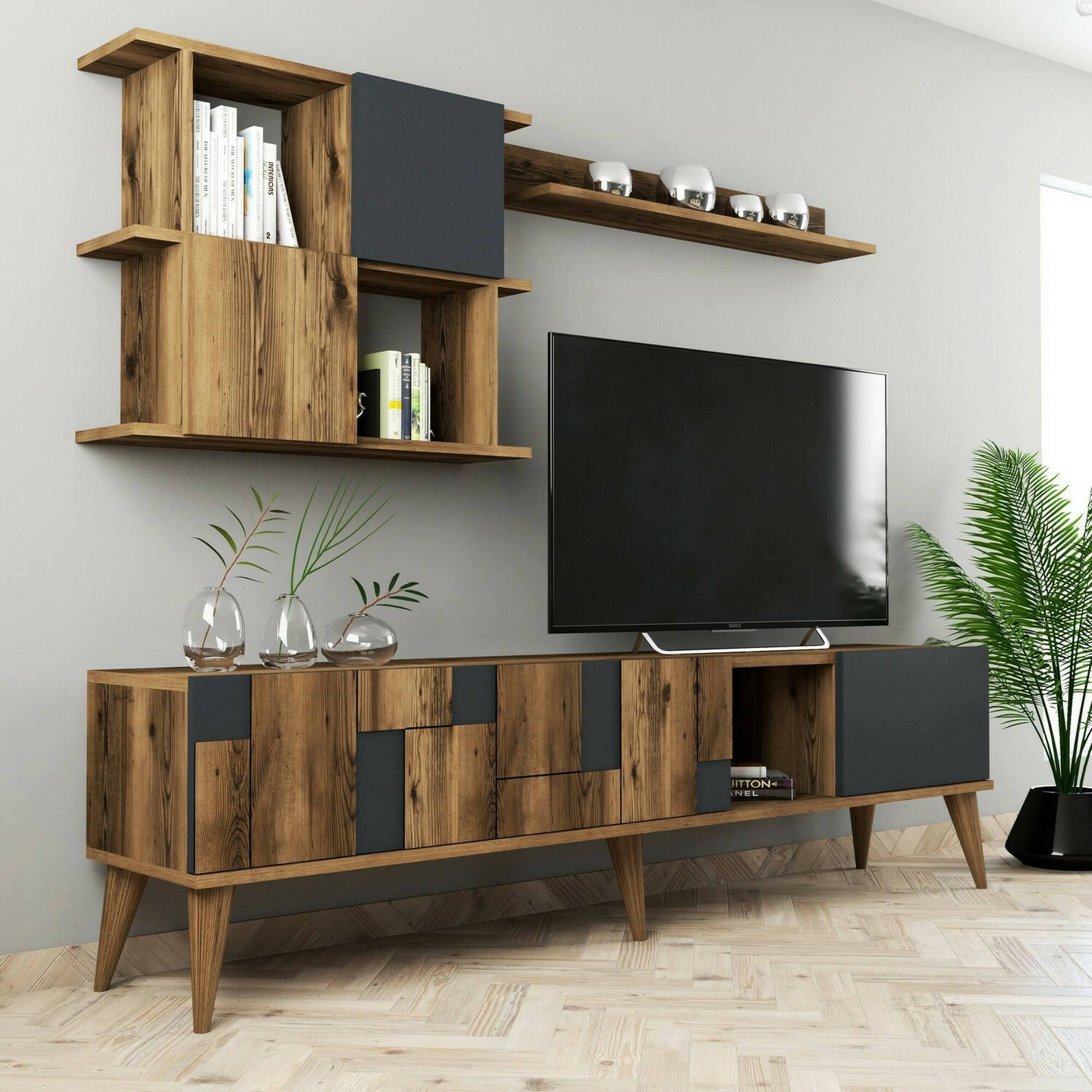 Mobile porta TV Docchiut, Credenza da soggiorno, Armadio basso per TV, Base parete attrezzata, 180x34h49 cm, Noce e Antracite