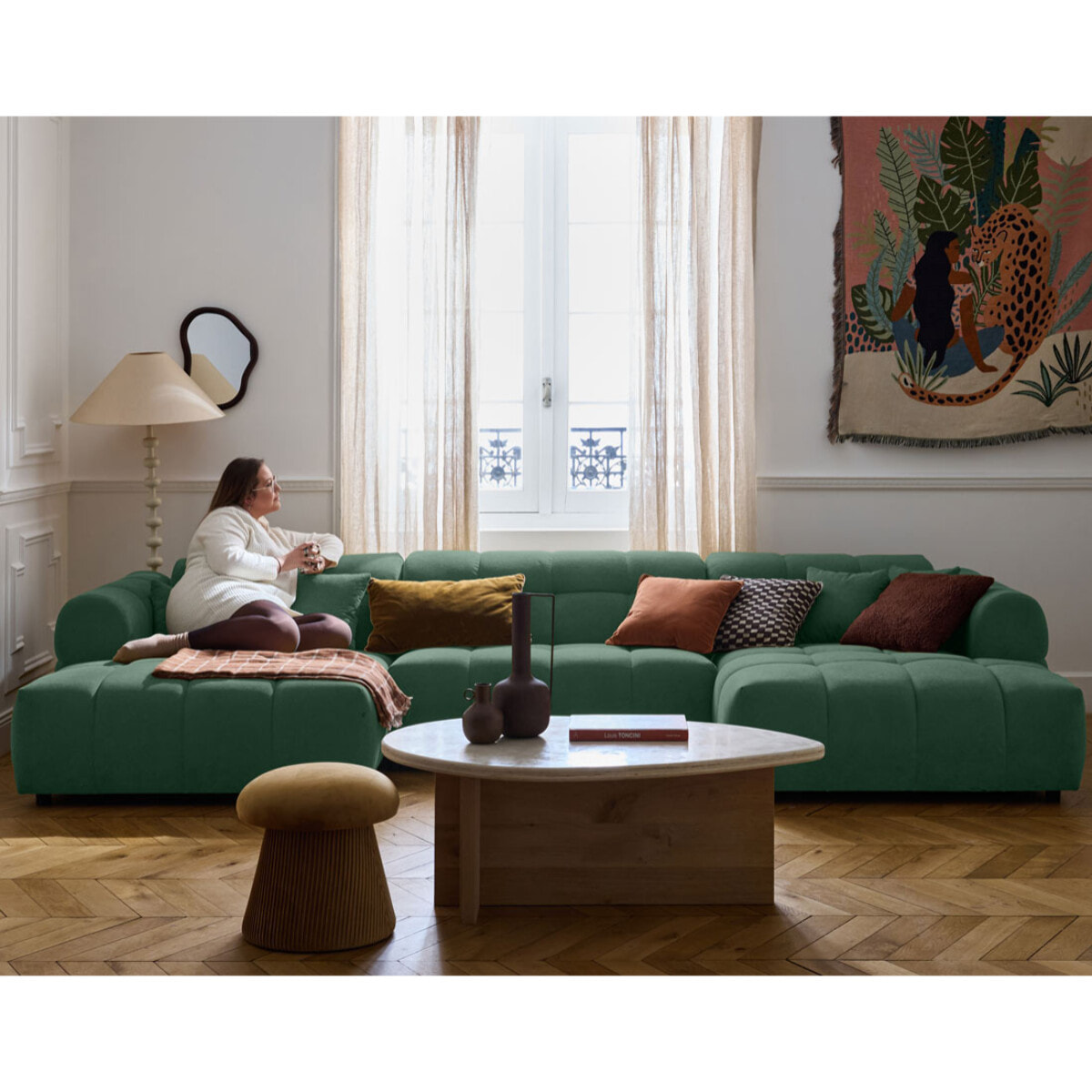 Ray - canapé panoramique en U 7 places en tissu texturé - Vert sauge