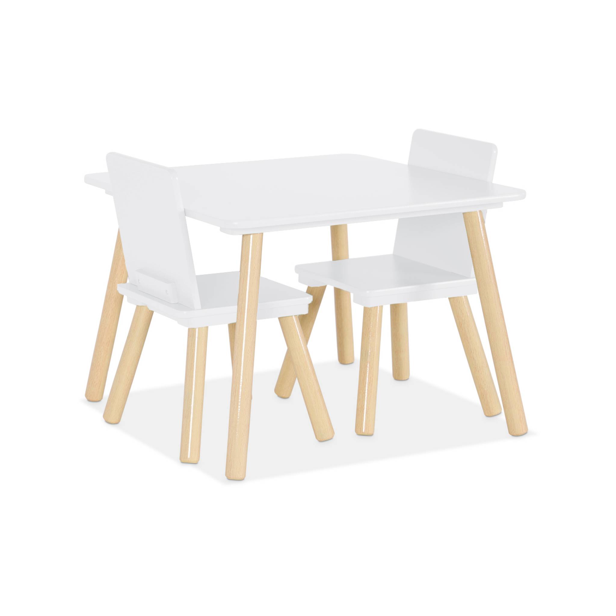 Table carrée enfant avec 2 chaises. pieds en pin. blanc