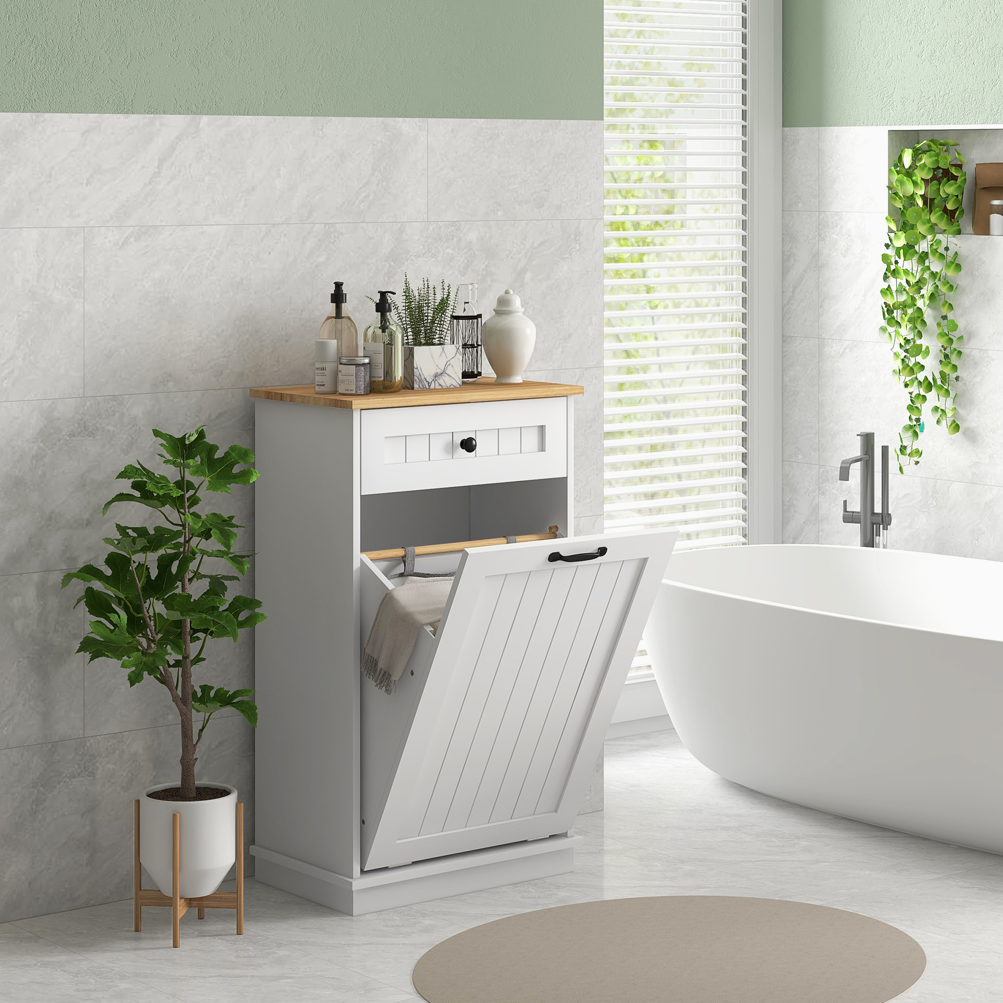 Mueble Auxiliar de Baño Armario de Baño con Cajón Cesto para la Ropa y Diseño Anti-vuelco Mueble de Baño Moderno 52x33x90 cm Blanco