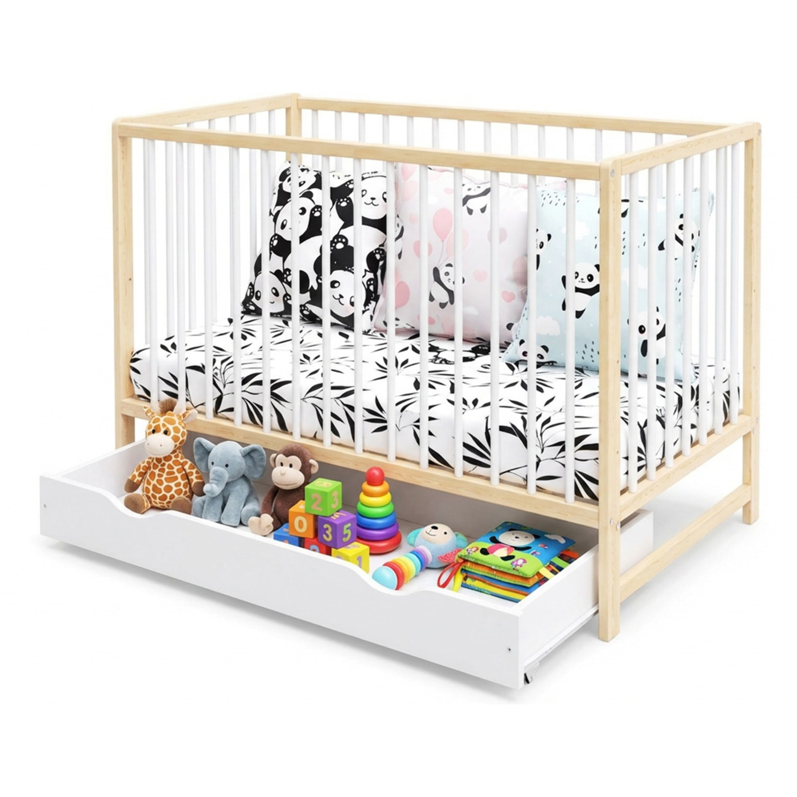 Lit Bébé Évolutif Mathis 60x120 cm, avec Tiroir de Rangement, Sommier Réglable 3 Hauteurs, Barreaux Amovibles, Couleur Bois Naturel et Blanc