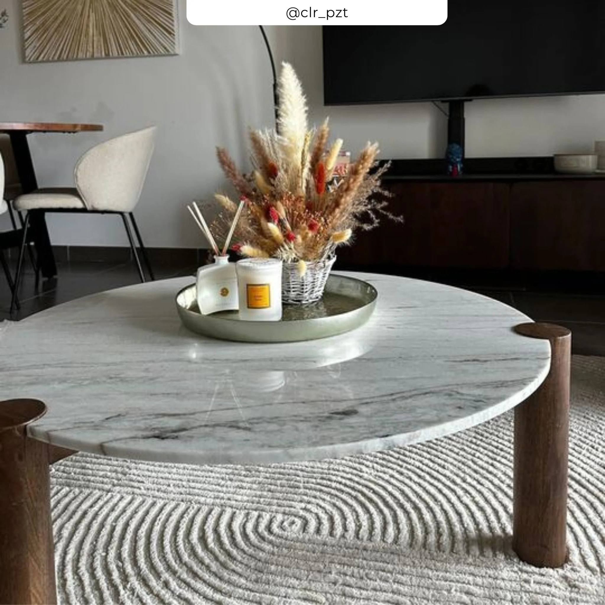 Table basse ronde en marbre et bois de manguier D86 cm - Pauline