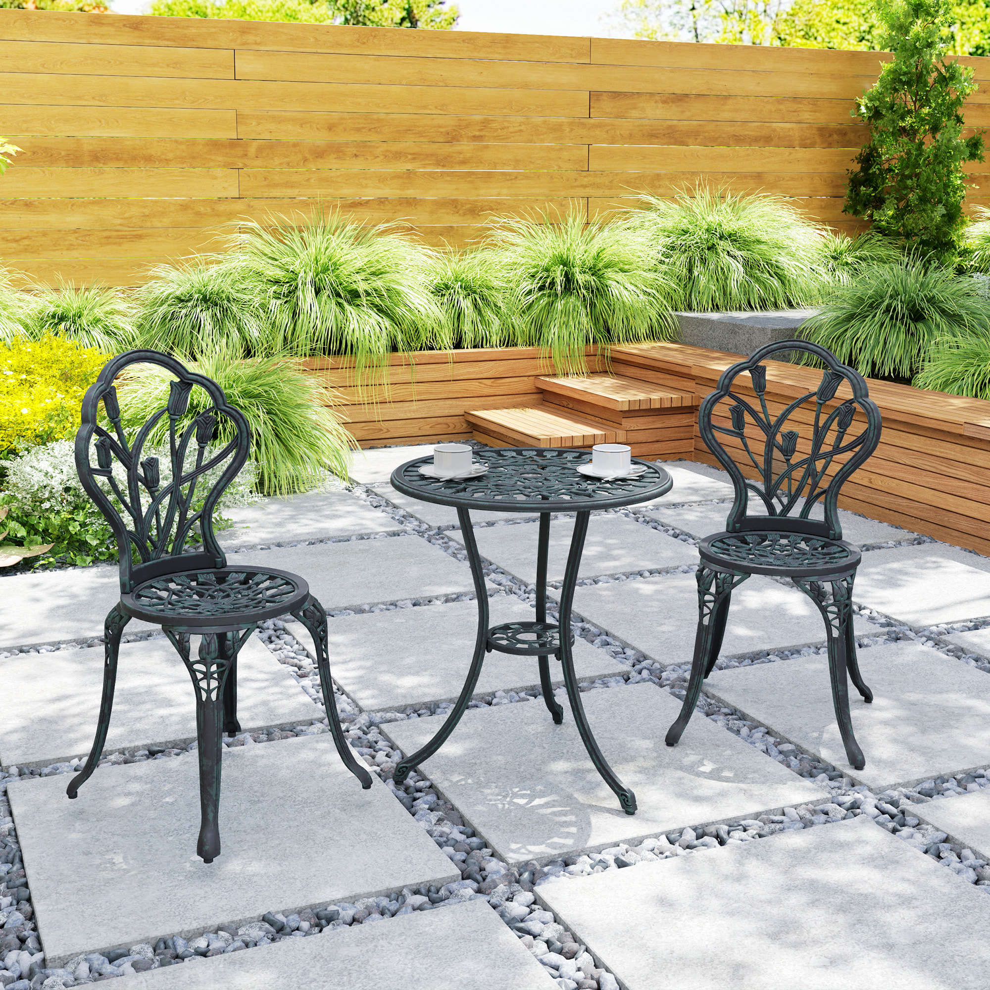 Ensemble salon de jardin 2 places 2 chaises + table ronde fonte d'aluminium imitation fer forgé noir effet vieilli