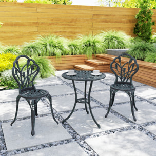 Ensemble salon de jardin 2 places 2 chaises + table ronde fonte d'aluminium imitation fer forgé noir effet vieilli