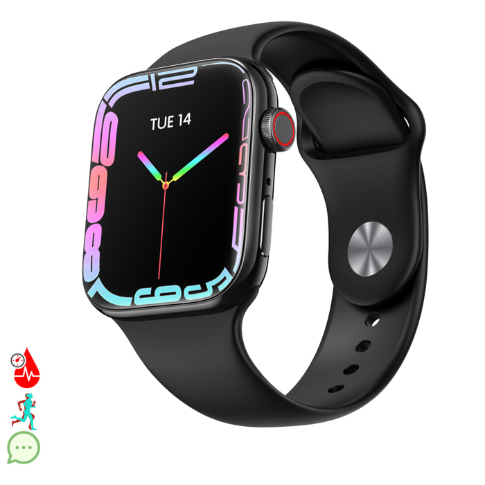 Smartwatch T900 Pro 8 con pantalla de 1,8 HR, monitor cardiaco y de O2 en sangre. Varios modos deportivos, notificaciones de apps.