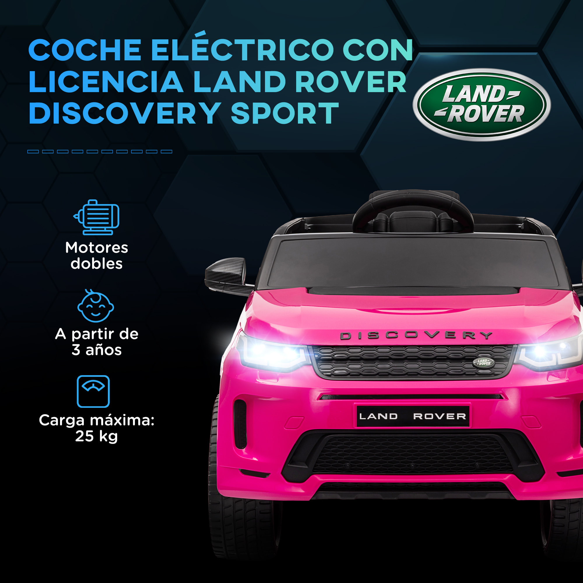 Coche Eléctrico para Niños de +3 Años con Licencia Land Rover Discovery Sport Carro Eléctrico Infantil con Batería 12V Mando a Distancia Arranque Lento Faros Bocina y Música Rosa