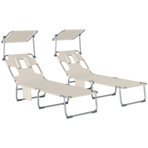 Set de 2 Tumbonas Jardín Exterior, Tumbonas Plegables con Reposacabezas, Dosel 360°, Orificio Facial, Bolsillo Lateral, Respaldo Reclinable 5 Posiciones y Textilene 550 g/m² para Playa, Beige
