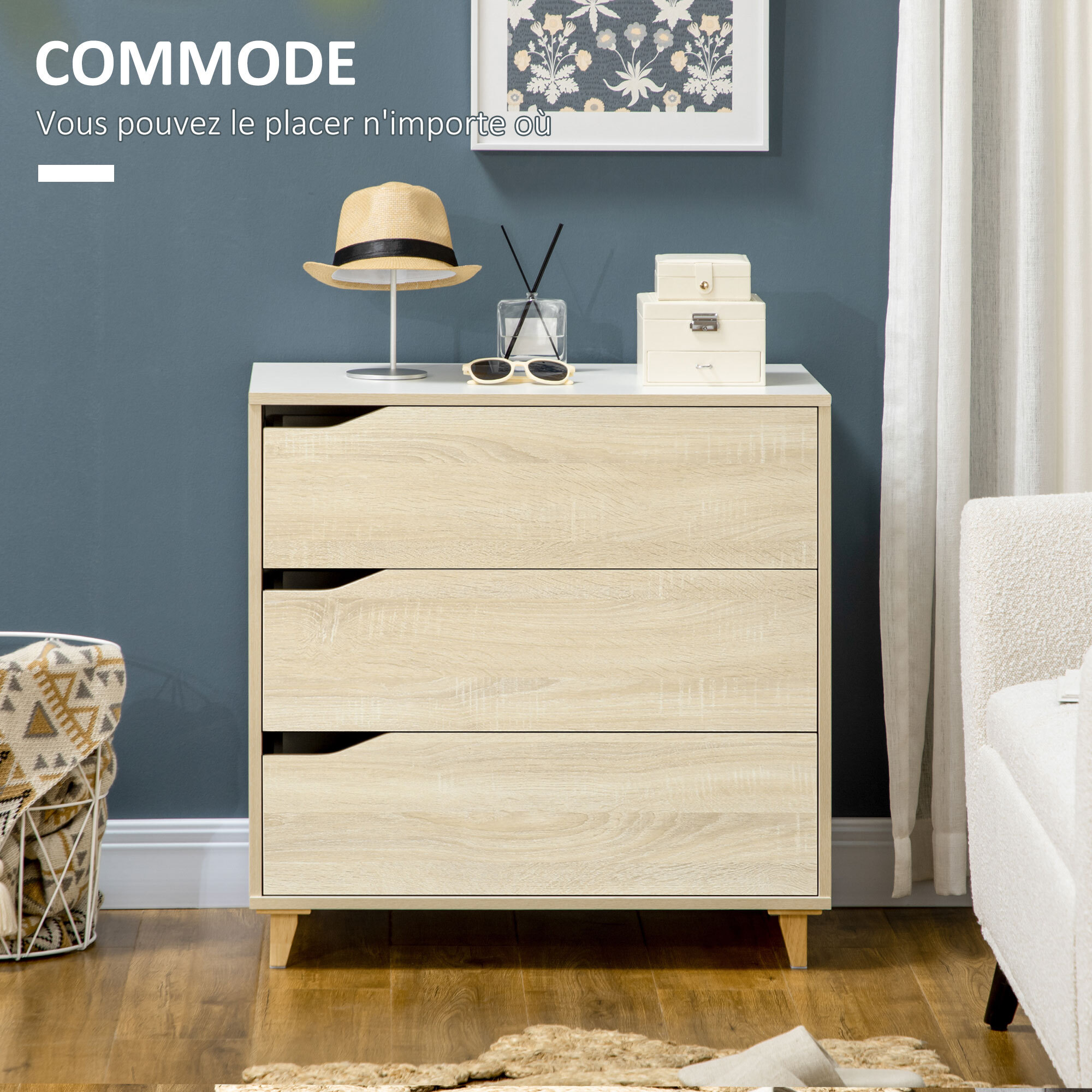 Commode design scandinave 3 tiroirs piètement effilé panneaux MDF blanc aspect bois clair