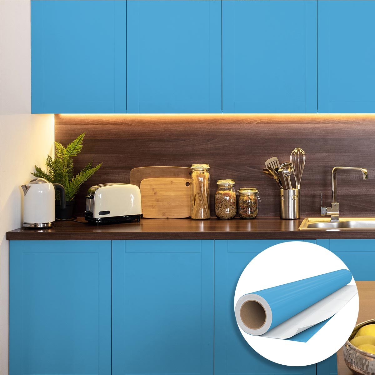 Rouleau adhésif décoratif Vinyle au Mètre - Bleu glace - Sticker Lavable Imperméable Mur Cuisine Meubles