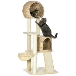 Arbre à chat style cosy chic griffoirs grattoir sisal 2 grandes niches plateforme hamac peluche courte beige jacinthe d'eau