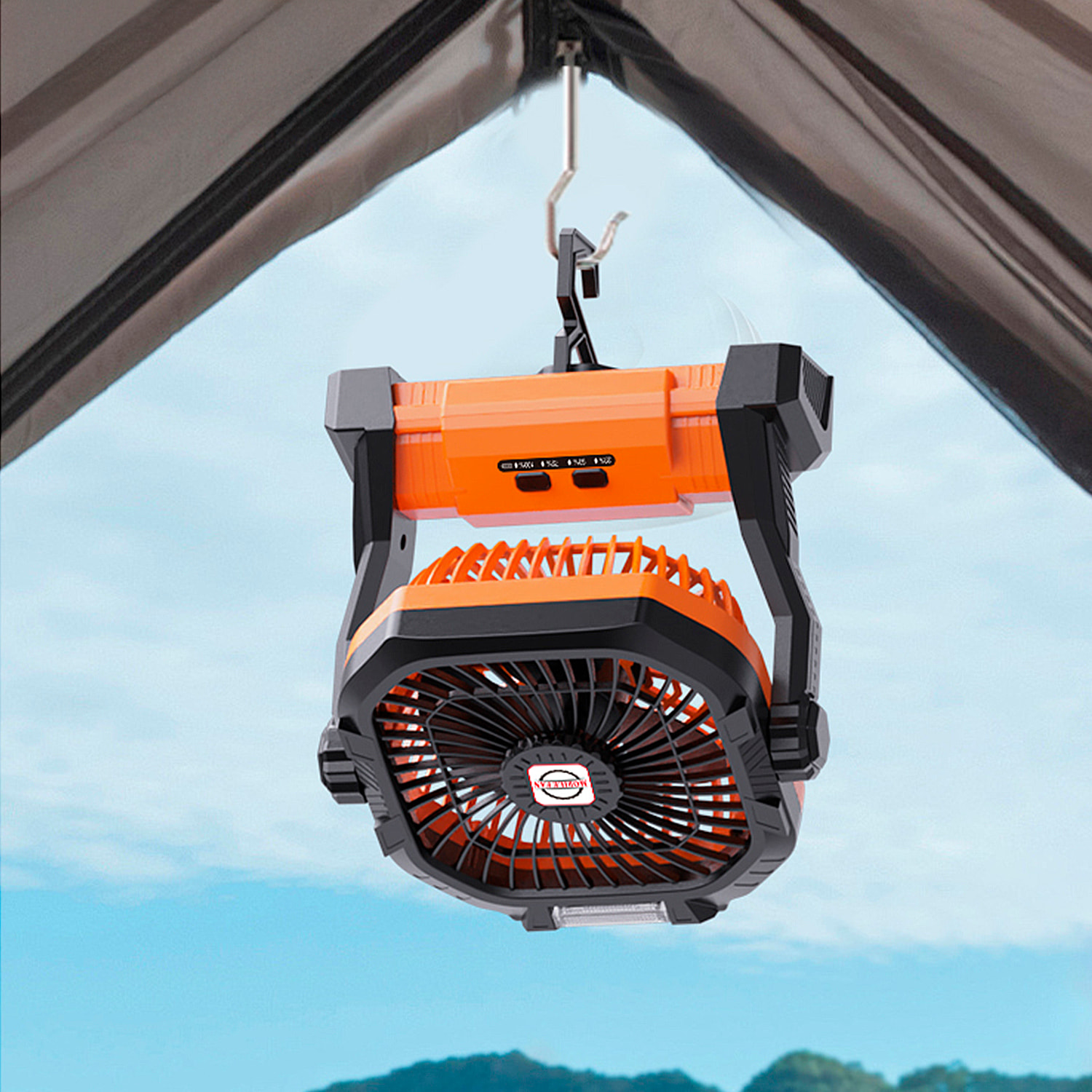 Ventilador P50 con motor sin escobillas, LED con 8 luces, 4 velocidades, 3 niveles de luz. Ángulo ajustable de 180º, gancho para colgar y powerbank de 7800 mAh.