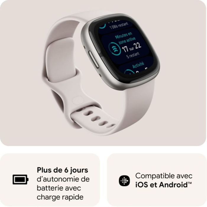 Montre santé FITBIT Sense 2 Aluminium Platine et Blanc