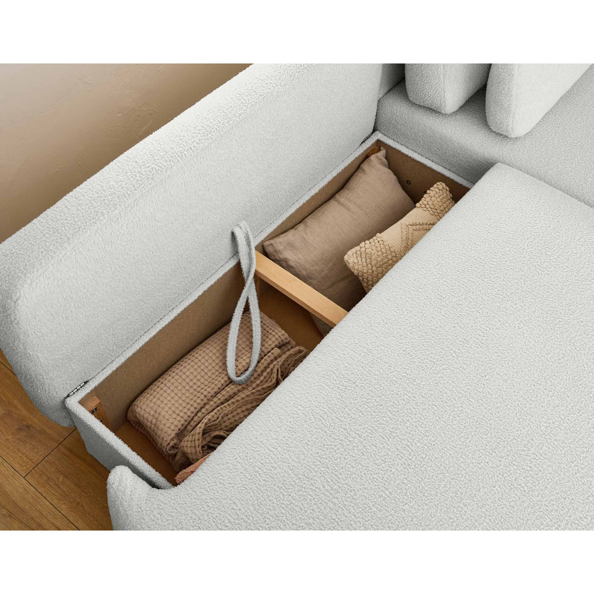 Mahina - canapé d'angle droit - 4 places - convertible avec coffre - en tissu bouclette - Gris clair