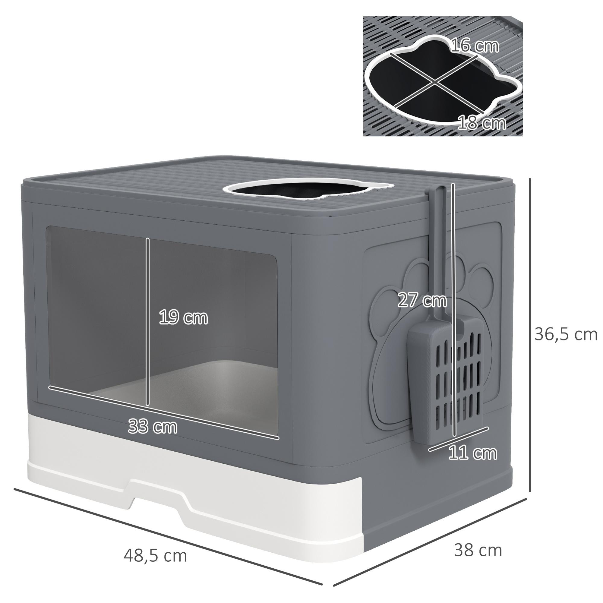 Arenero para Gatos con Cubierto Inodoro para Mascotas Desmontable con Caja de Almacenamiento Pala Cepillo 2 Puertas Entrada Principal y Salida Superior 48,5x38x36,5 cm Gris