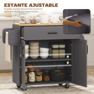 Isla de Cocina con Ruedas, Carrito de Cocina con Cajón, 2 Puertas, Toallero y Especiero, Estante Ajustable, para Comedor, 105x36x85 cm, Gris