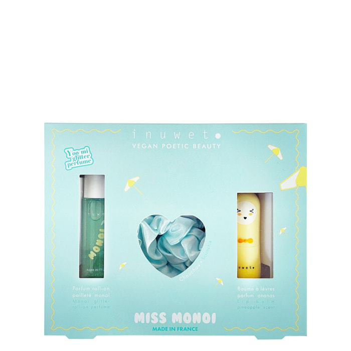 Miss Monoi - Coffret Eau de Parfum Roll-On Monoï 10 ml + Baume à Lèvres au Parfum Monoï + 1 Chouchou