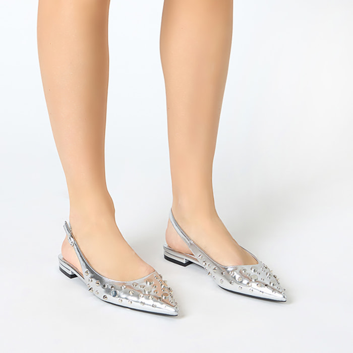 Ballerine slingback donna argento con borchie
