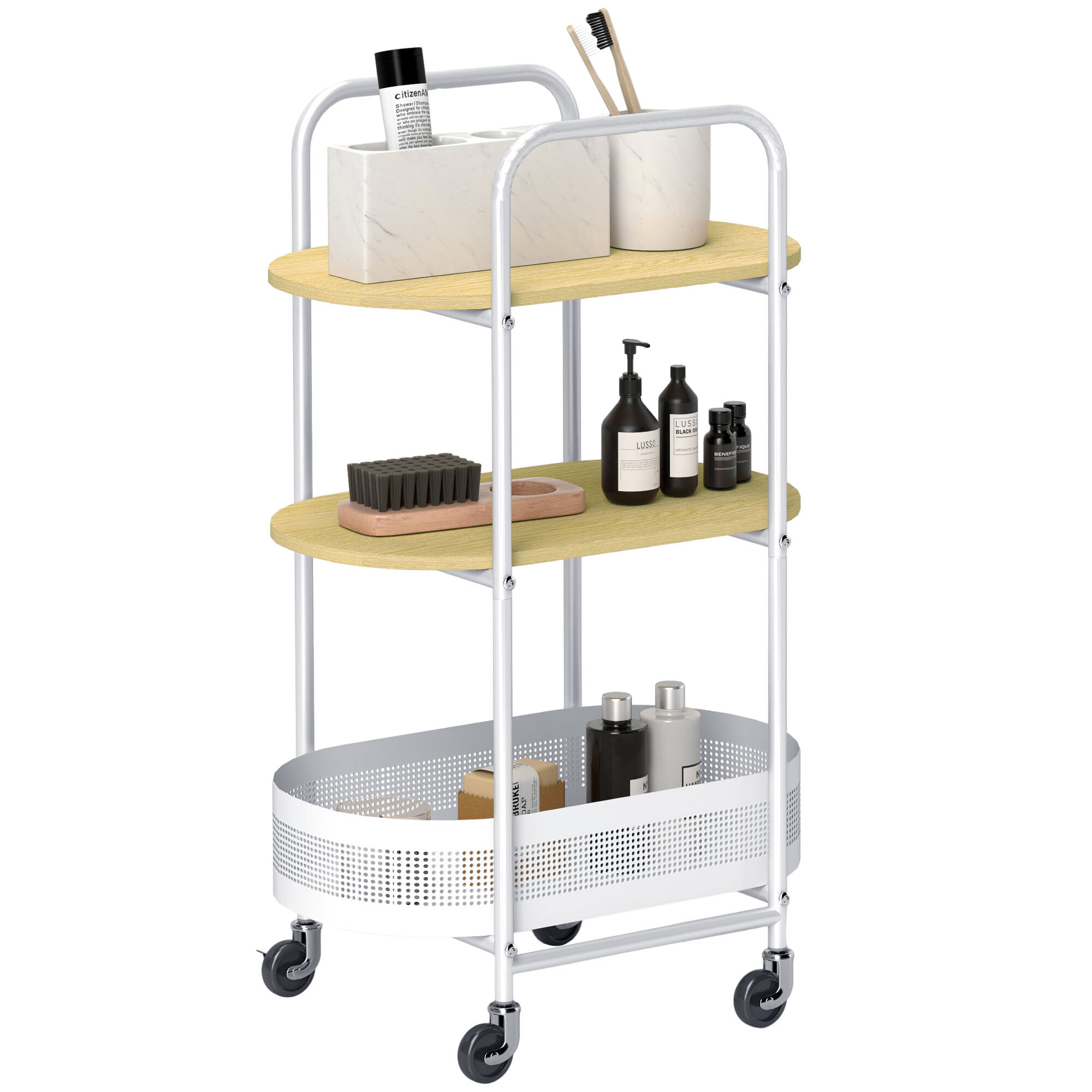 Carrito Auxiliar con Ruedas Carrito de Cocina de 3 Niveles Carro de Almacenamiento con Cesta y Estantes Carga 30 kg para Comedor Salón Dormitorio 49,5x32,5x82,5 cm Blanco y Madera Natural