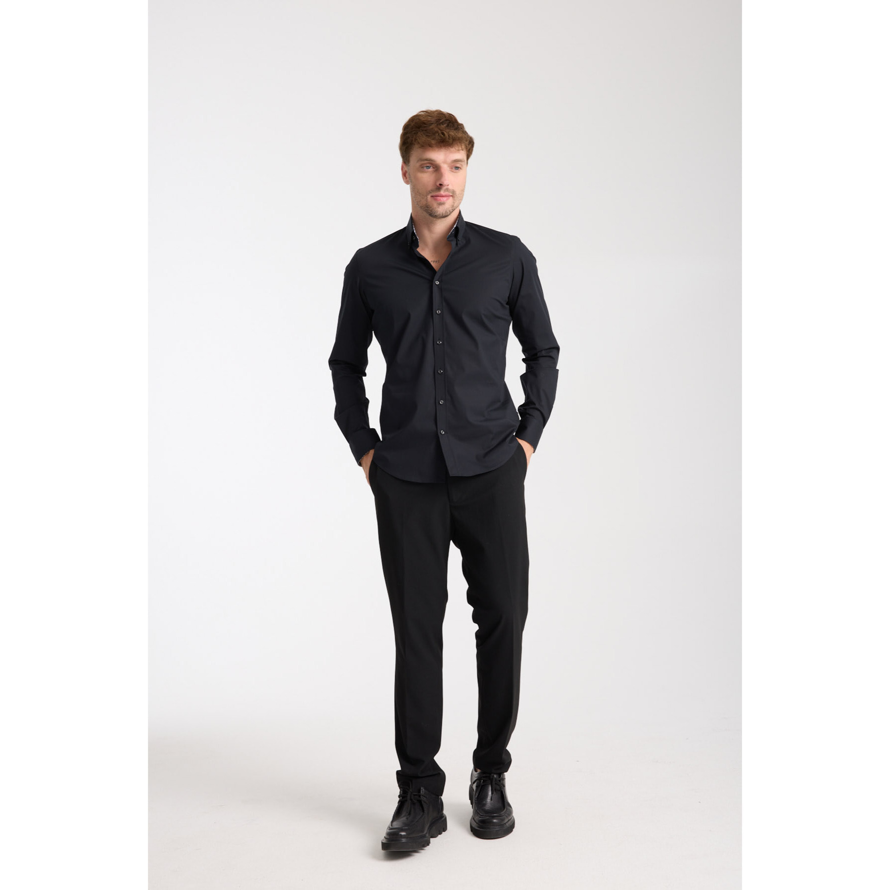 camicia uomo 1 bottone button down slim Popeline Stretch Unito Nero