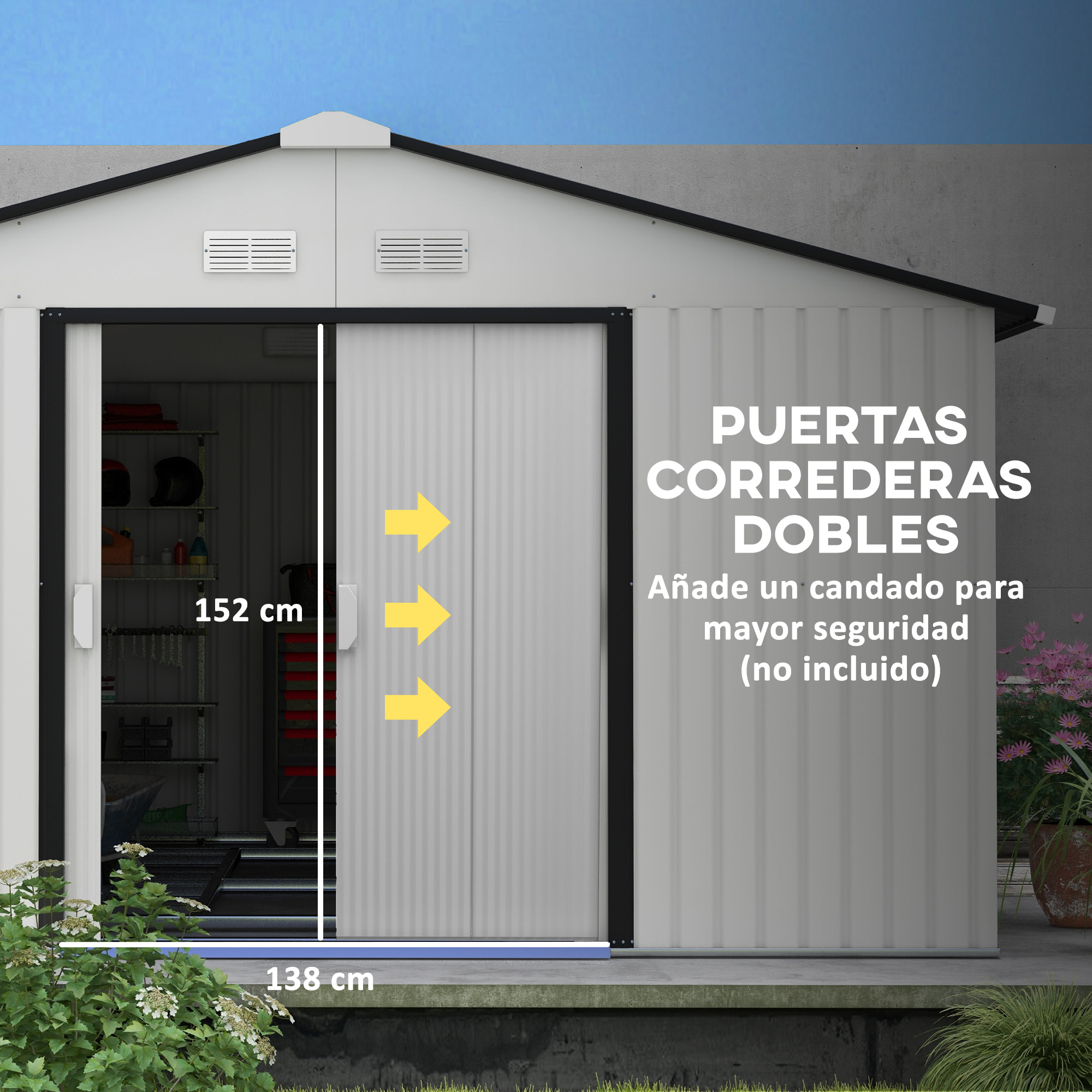 Caseta de Jardín Exterior 12,4 m² 340x386x200 cm Cobertizo de Jardín Exterior con Puerta Corredera Techo Inclinado Base Refuerzo (Suelo NO Incluido) y 4 Ventanas para Patio Terraza Blanco